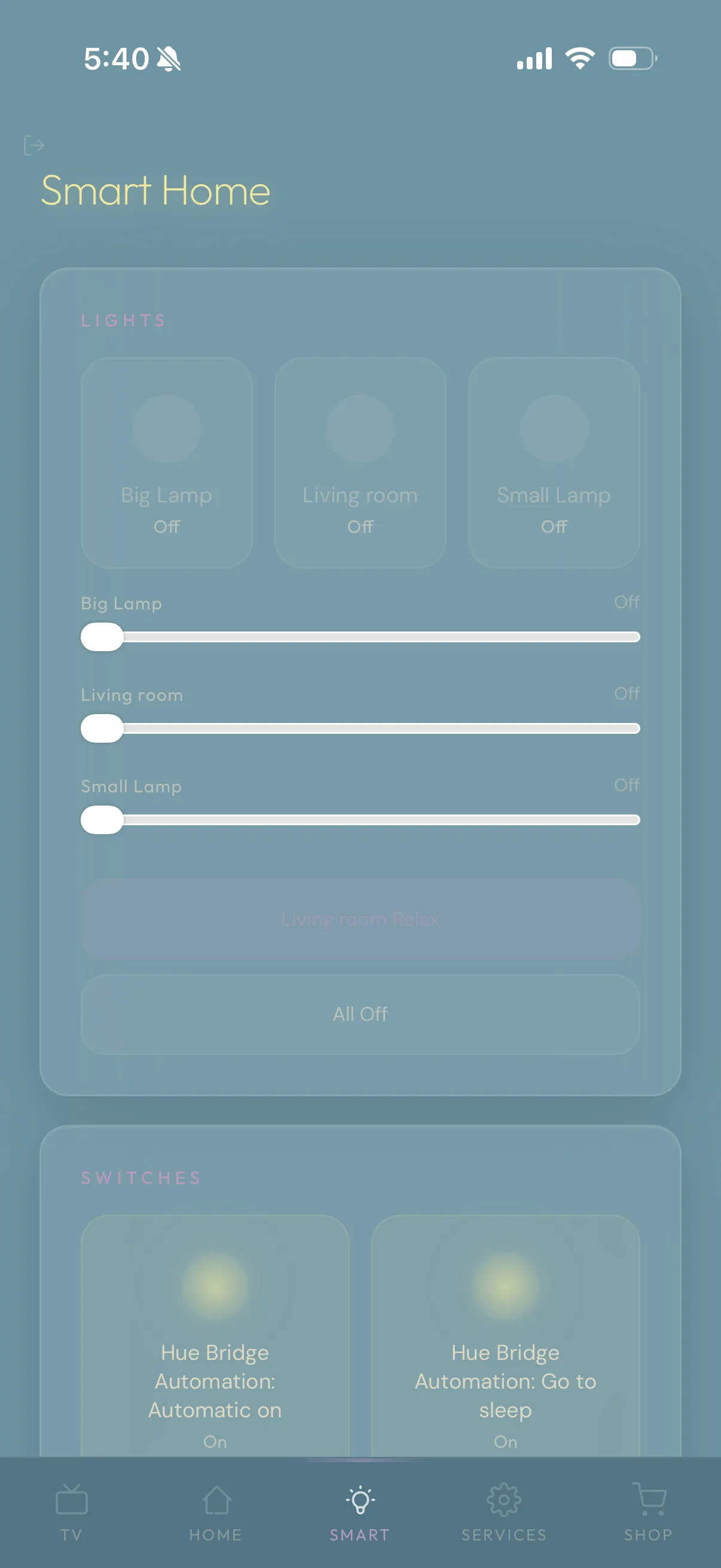 Smart Home page: on/off tiles and brightness sliders for three lamps, a scene button, an All Off button and automation switches.