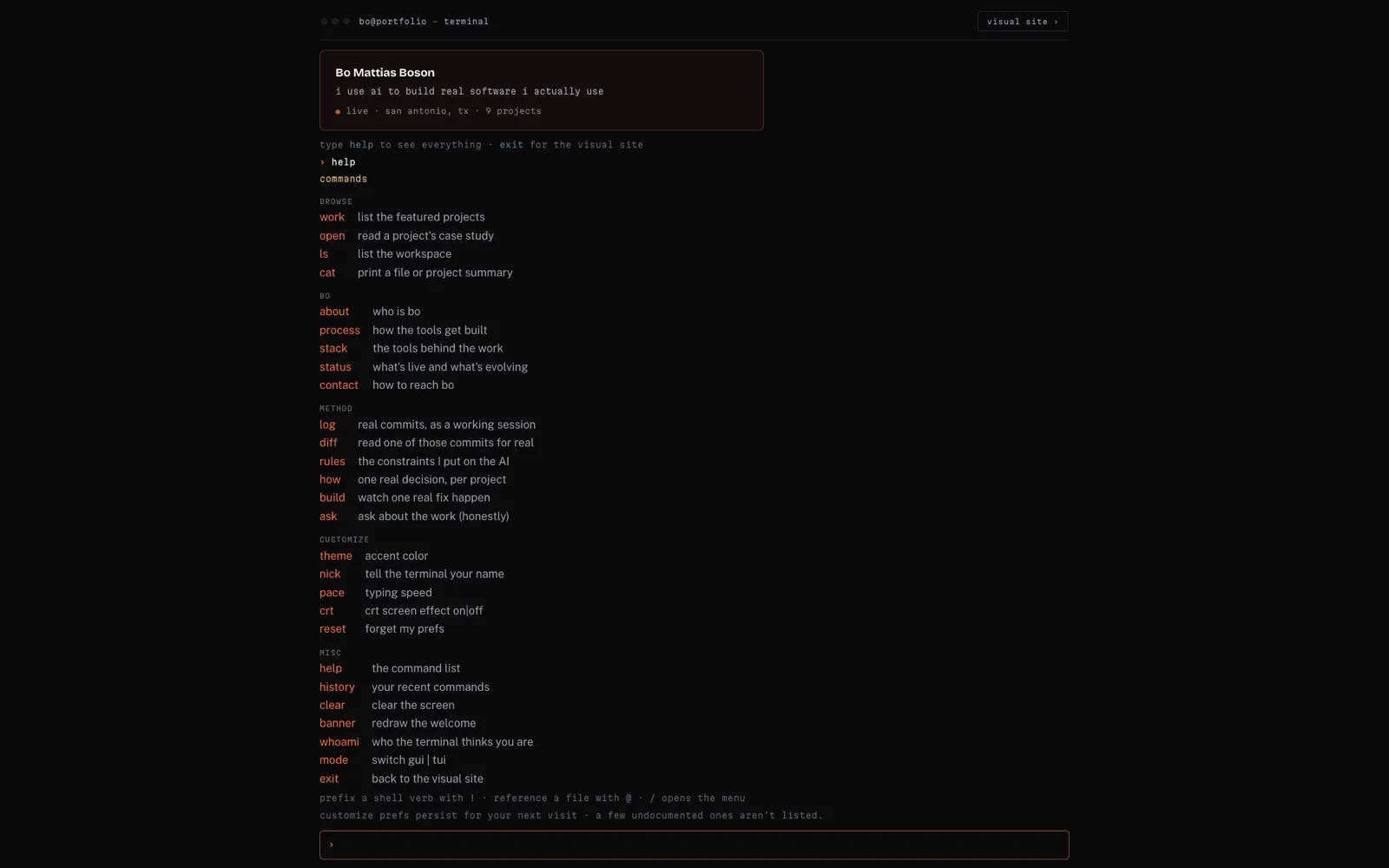 The portfolio's terminal mode: the welcome card and the list of commands.