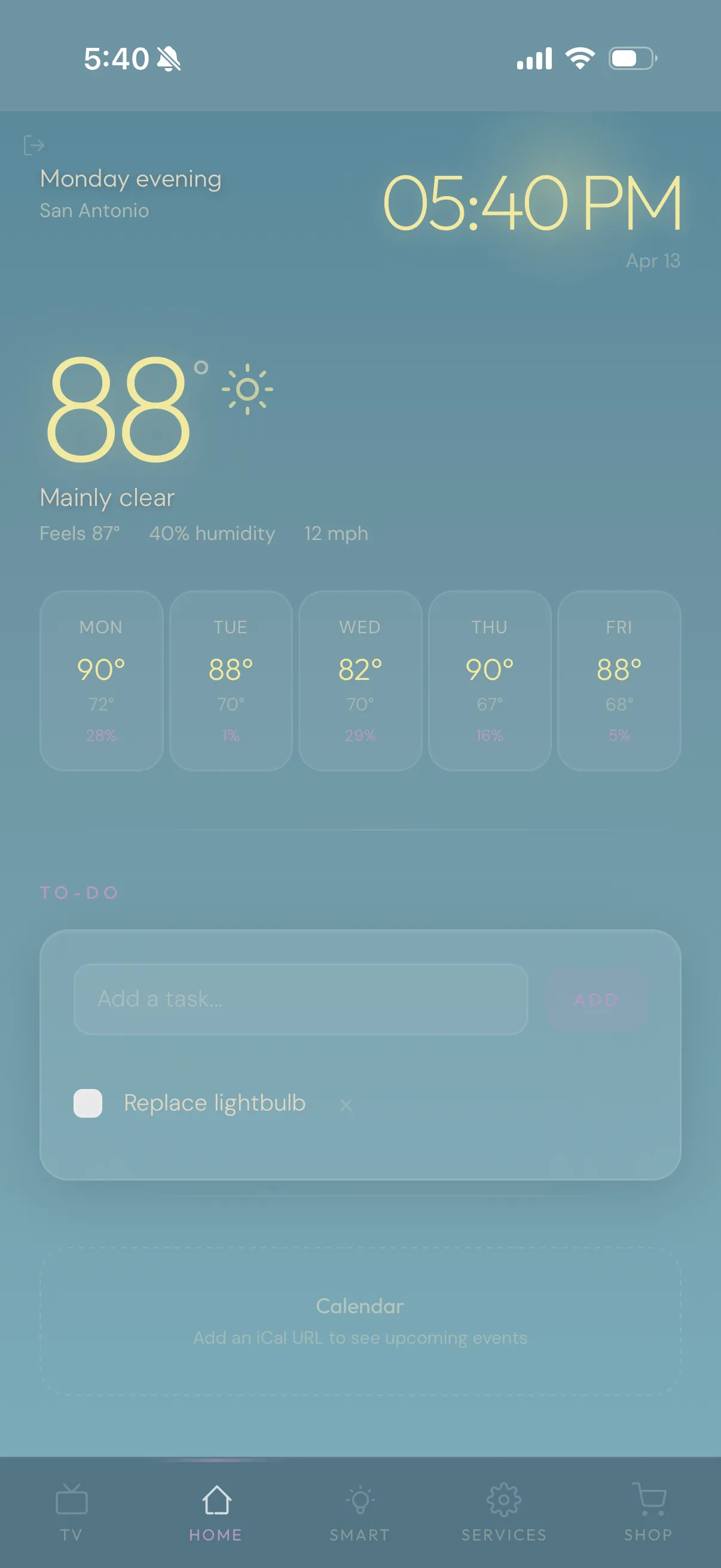 Home page: the time, the current weather with a five-day forecast, and a to-do list.