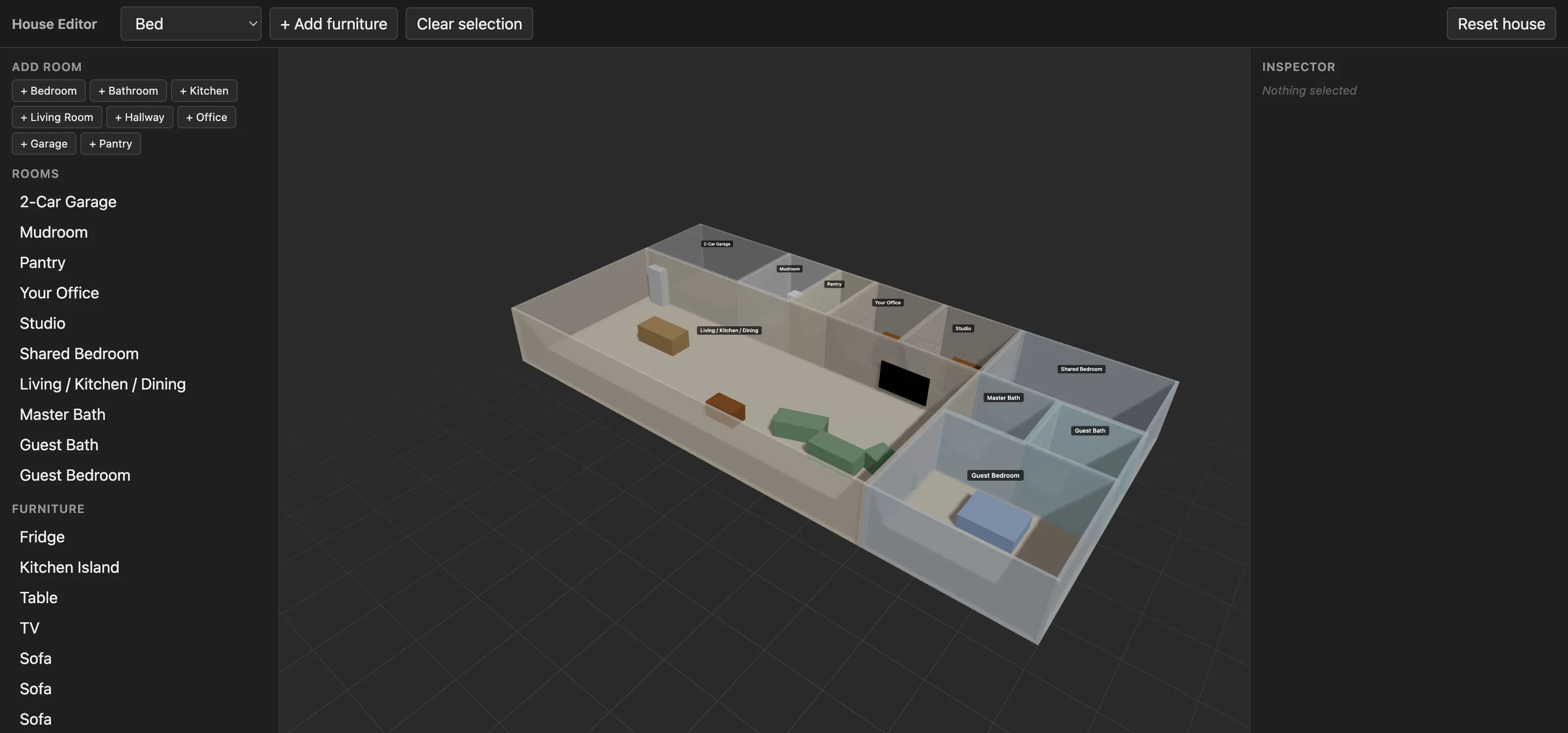 The House Editor: a 3D cutaway of a house with labelled rooms and simple furniture blocks, add-room buttons and room and furniture lists on the left, and an inspector panel on the right.