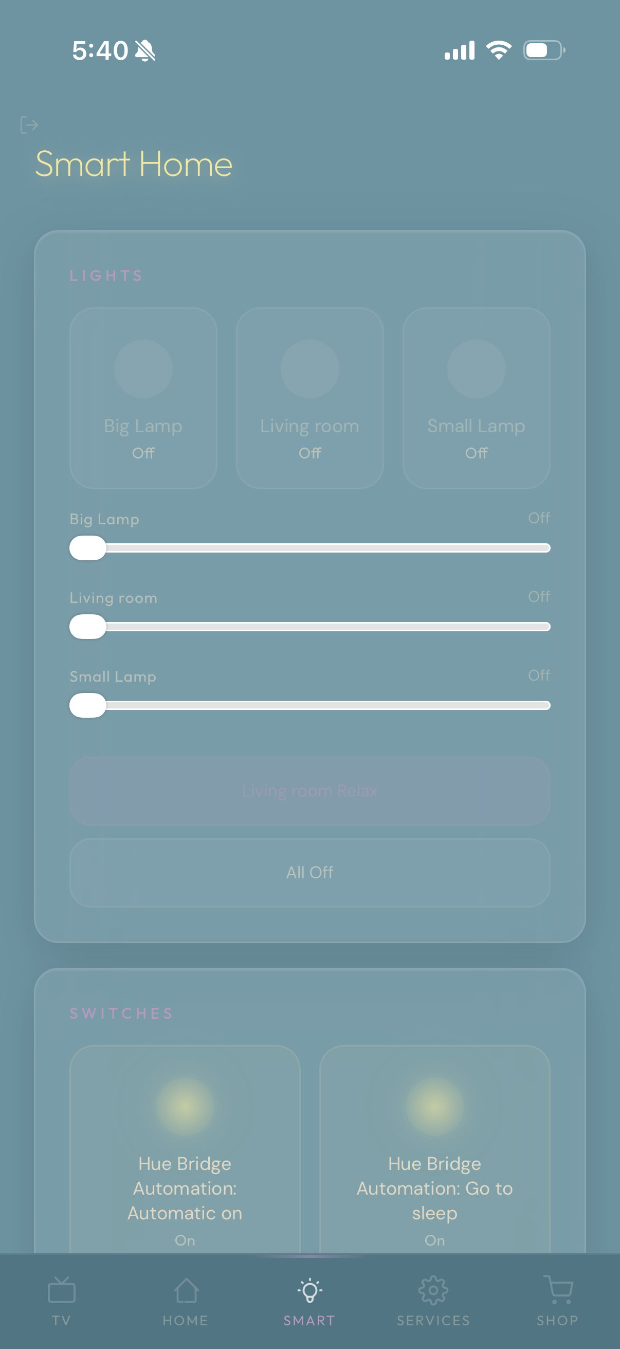 Smart home controls page.