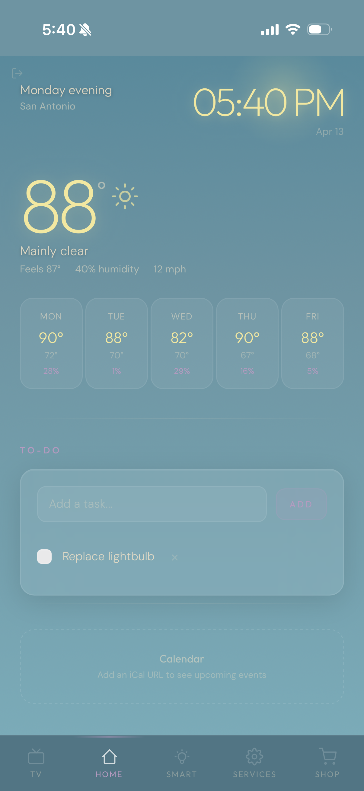 Home page of the dashboard with the day's overview.